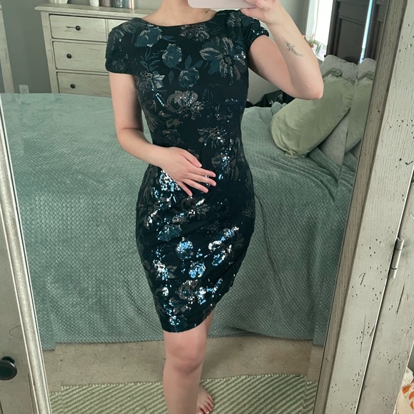 Calvin Klein Blue Floral Sequin Dress With Cowl Back Detail - Picture 6 of 14